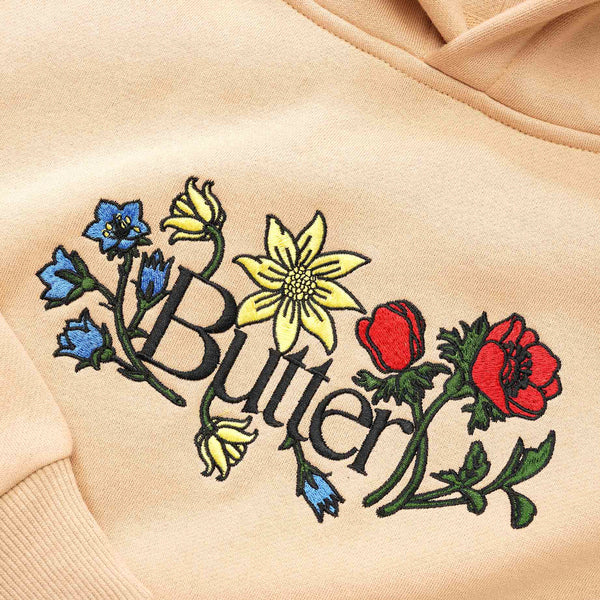Butter Goods - Floral Embroidered Pullover Hooded Sweatshirt - Tan