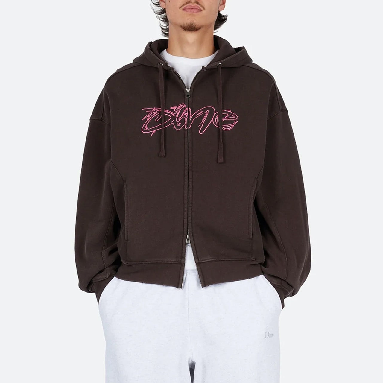 Dime MTL - Distressed Terry Zip Hooded Sweatshirt - Acid Brown