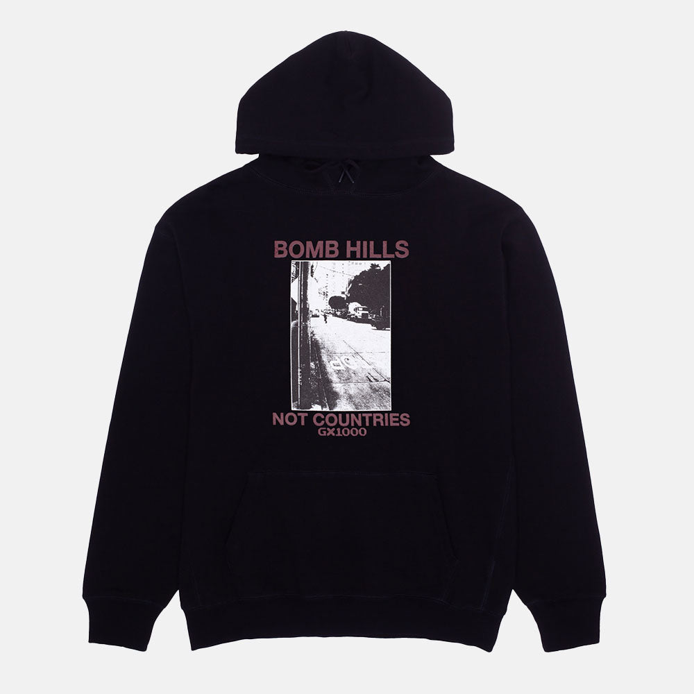 GX1000 - Bomb Hills Not Countries Pullover Hooded Sweatshirt - Black / Burgundy