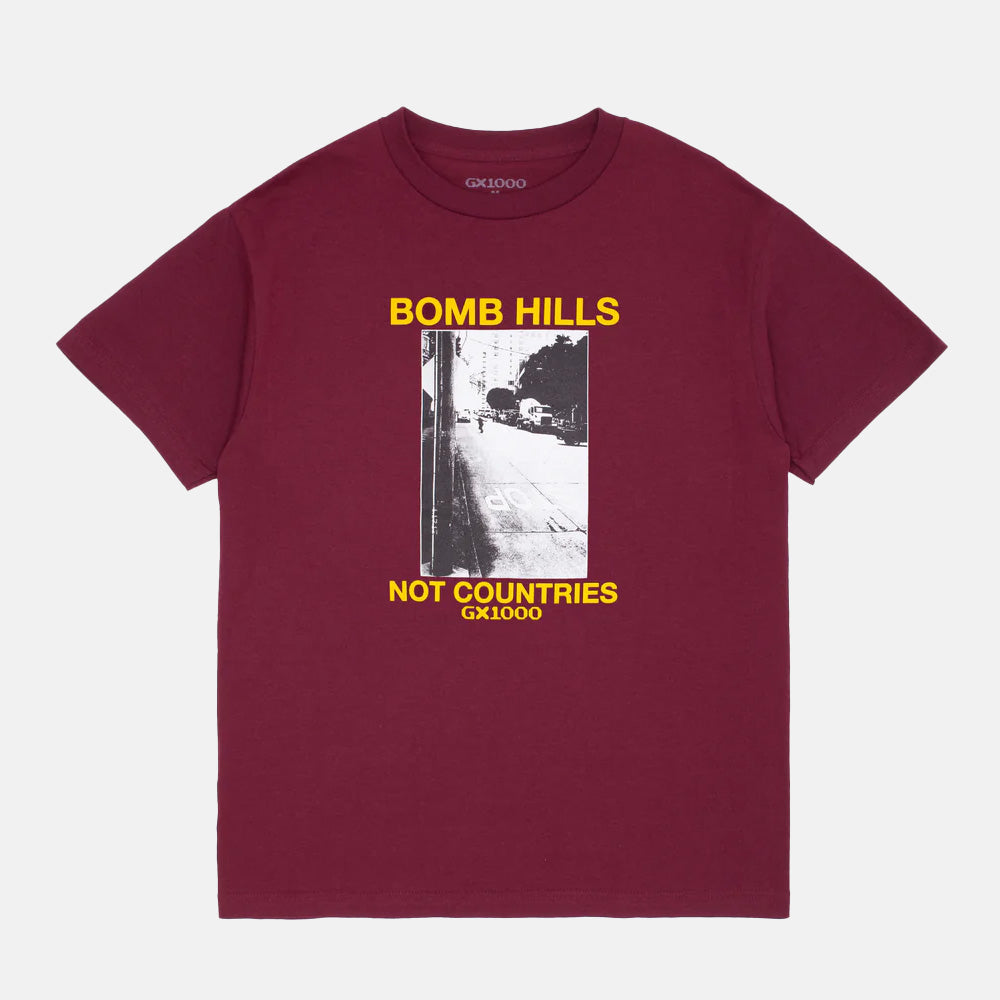 GX1000 - Bomb Hills Not Countries T-Shirt - Burgundy / Yellow