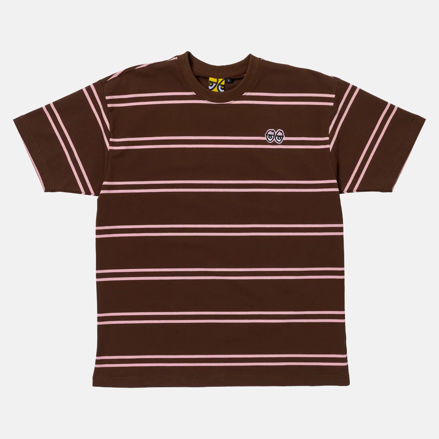 Krooked Skateboards - Eyes EMB Stripe T-Shirt - Brown / Pink