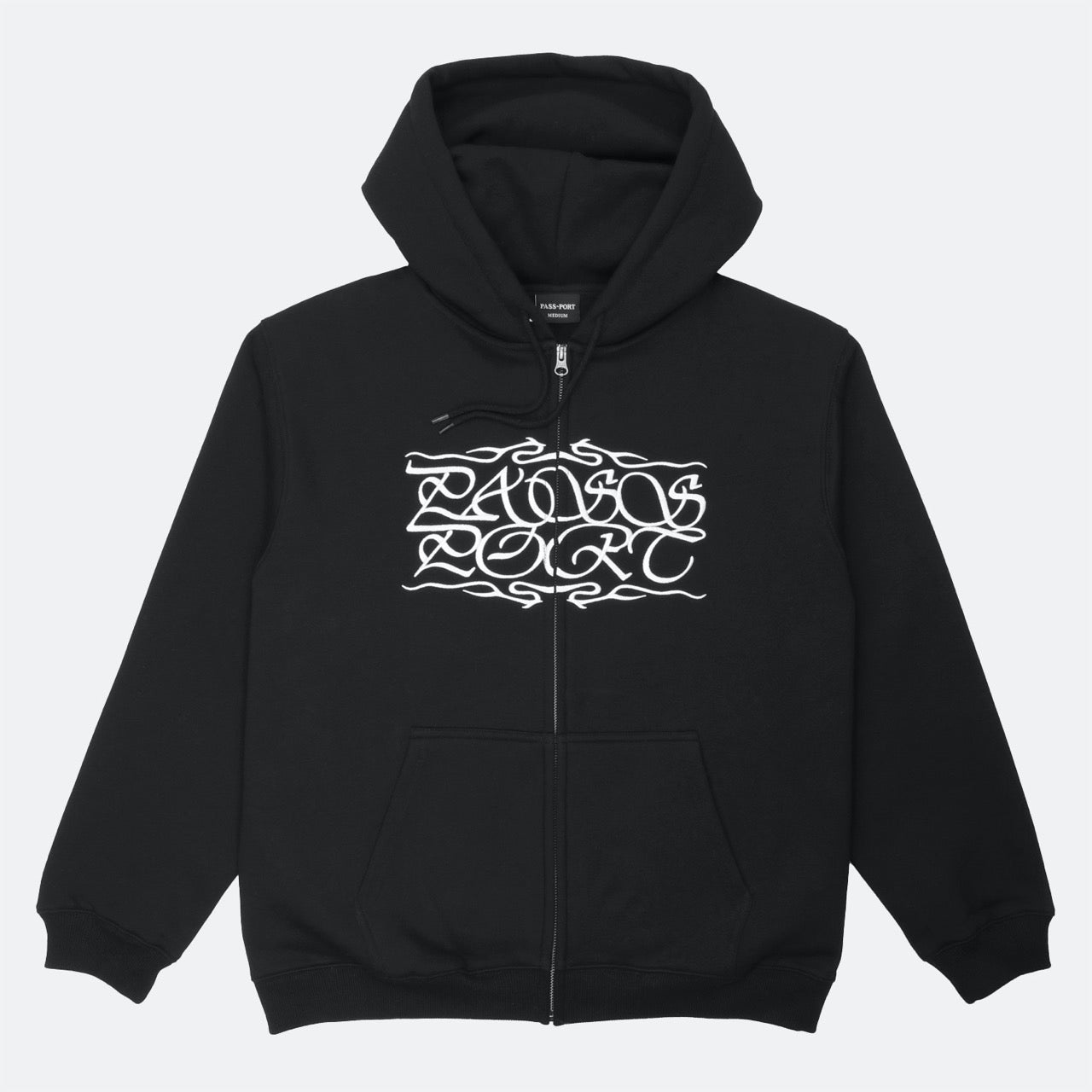 Front Of Pass Port Skateboards Caligraphy Black Zip Hooded Sweatshirt 