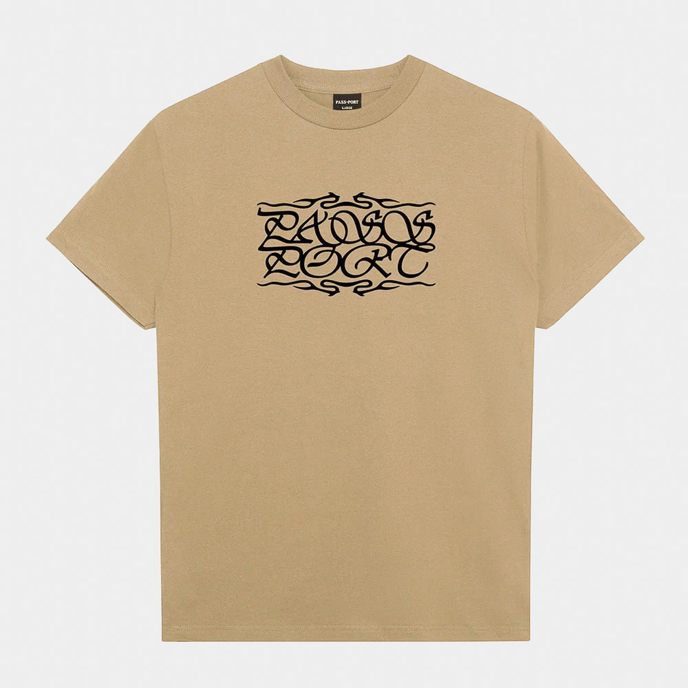 Pass Port Skateboards Caligraphy Khaki Brown T-Shirt
