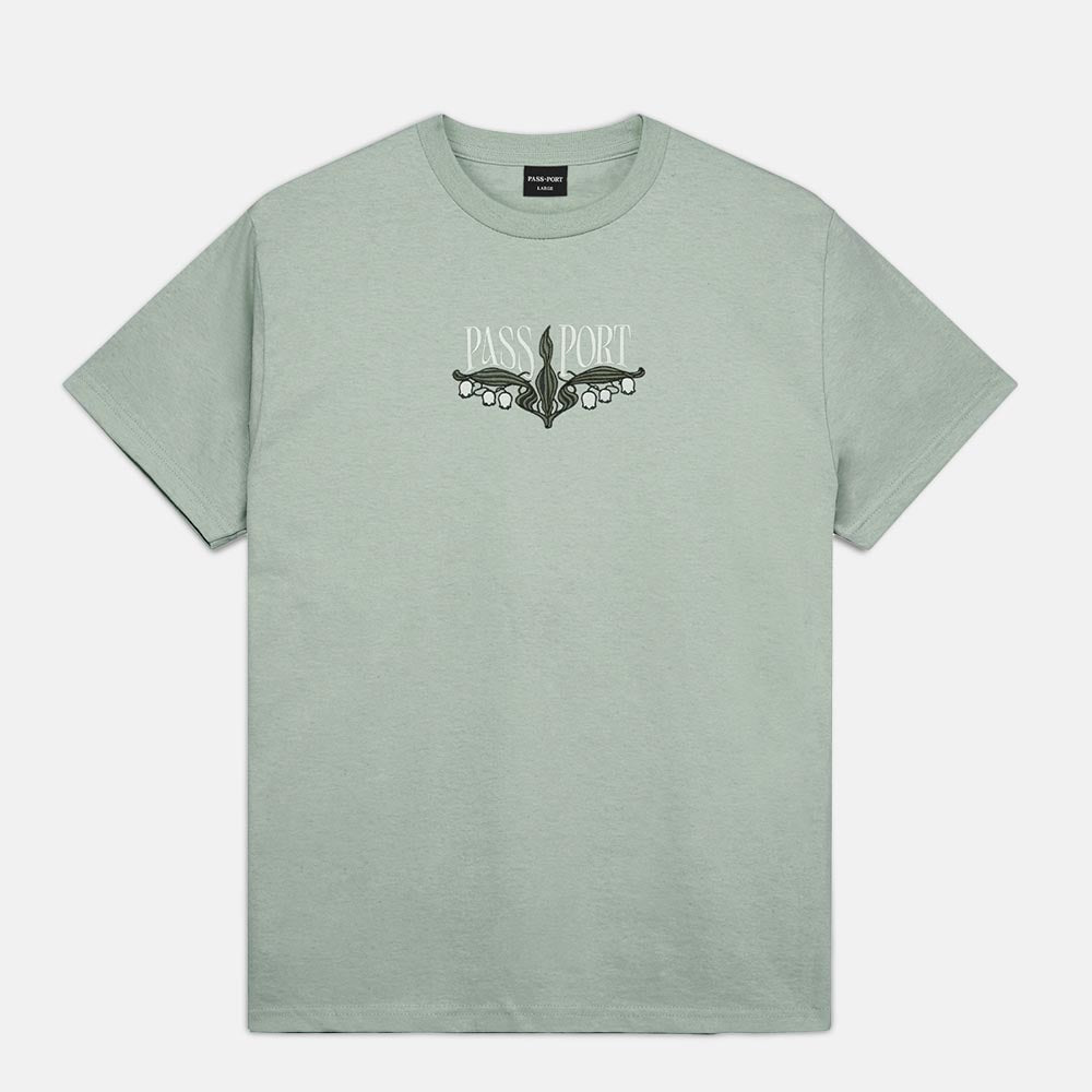 Pass Port Skateboards - Lily Of The Valley Embroidered T-Shirt - Stonewash Green