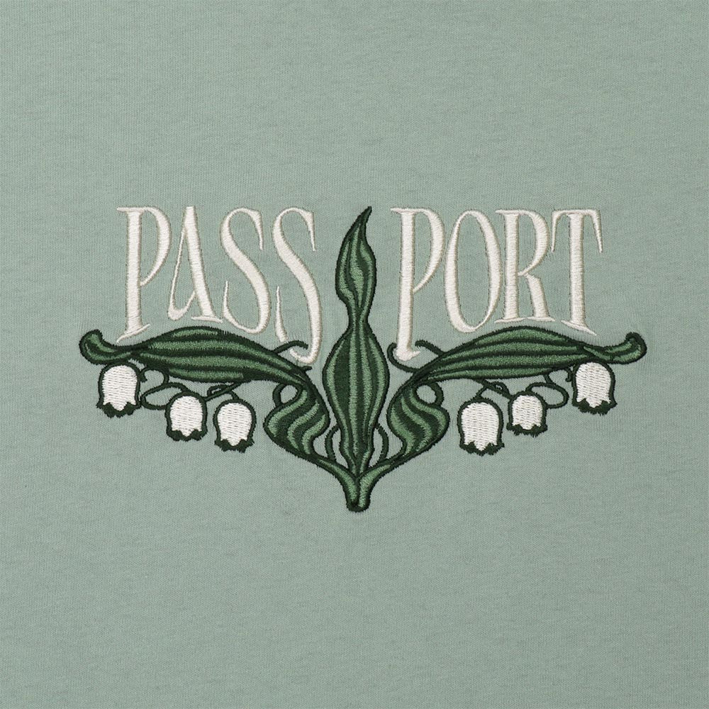 Pass Port Skateboards - Lily Of The Valley Embroidered T-Shirt - Stonewash Green