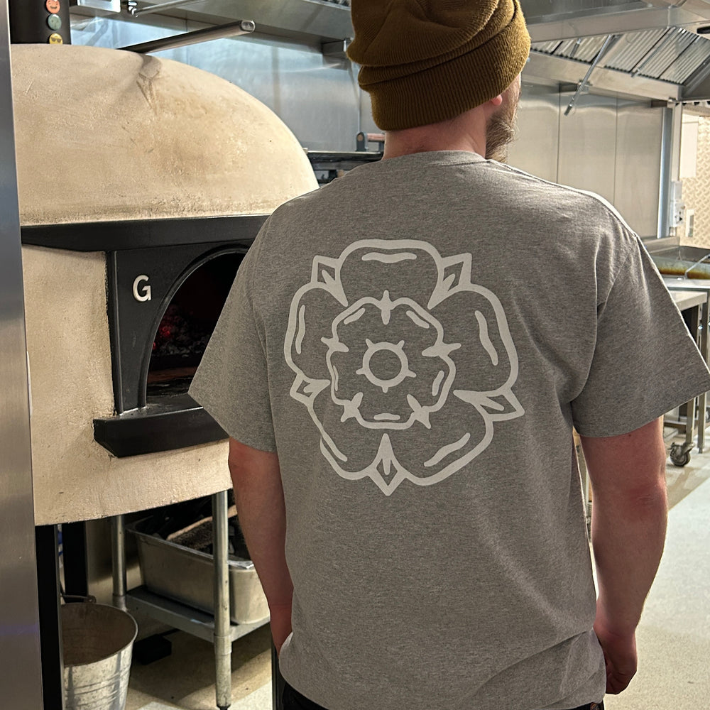 Model Wearing The Don't Mess With Yorkshire Rose T-Shirt In Heather Grey