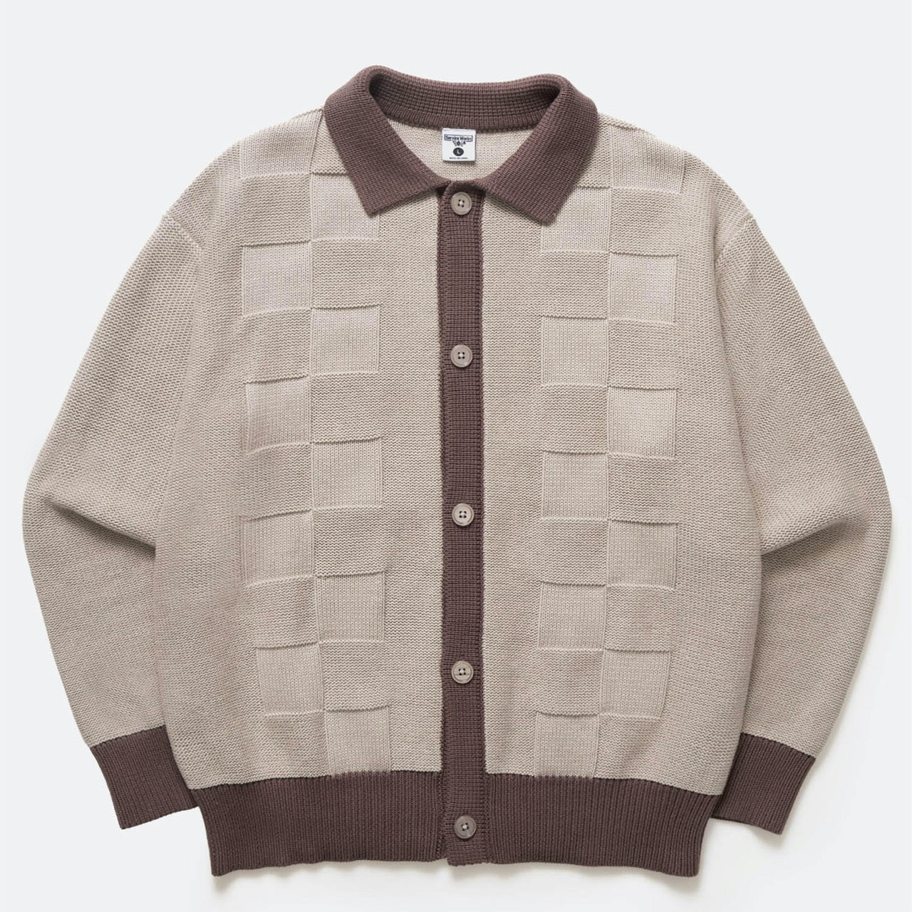 Service Works - Check Panel Knitted Cardigan - Mushroom