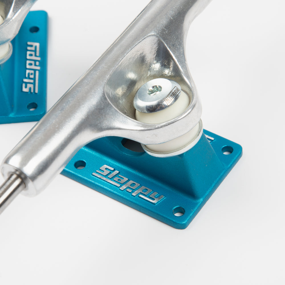 Slappy Trucks - (Pair) 8.25" ST1 Inverted Hollow Lights Ultra Low Kingpin Skateboard Trucks - Polished / Light Blue