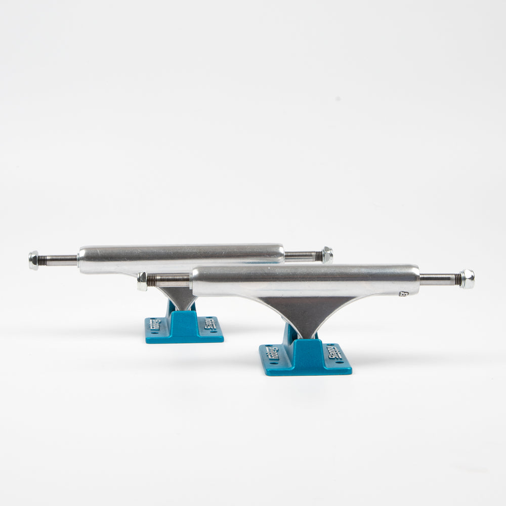 Slappy Trucks - (Pair) 8.25" ST1 Inverted Hollow Lights Ultra Low Kingpin Skateboard Trucks - Polished / Light Blue