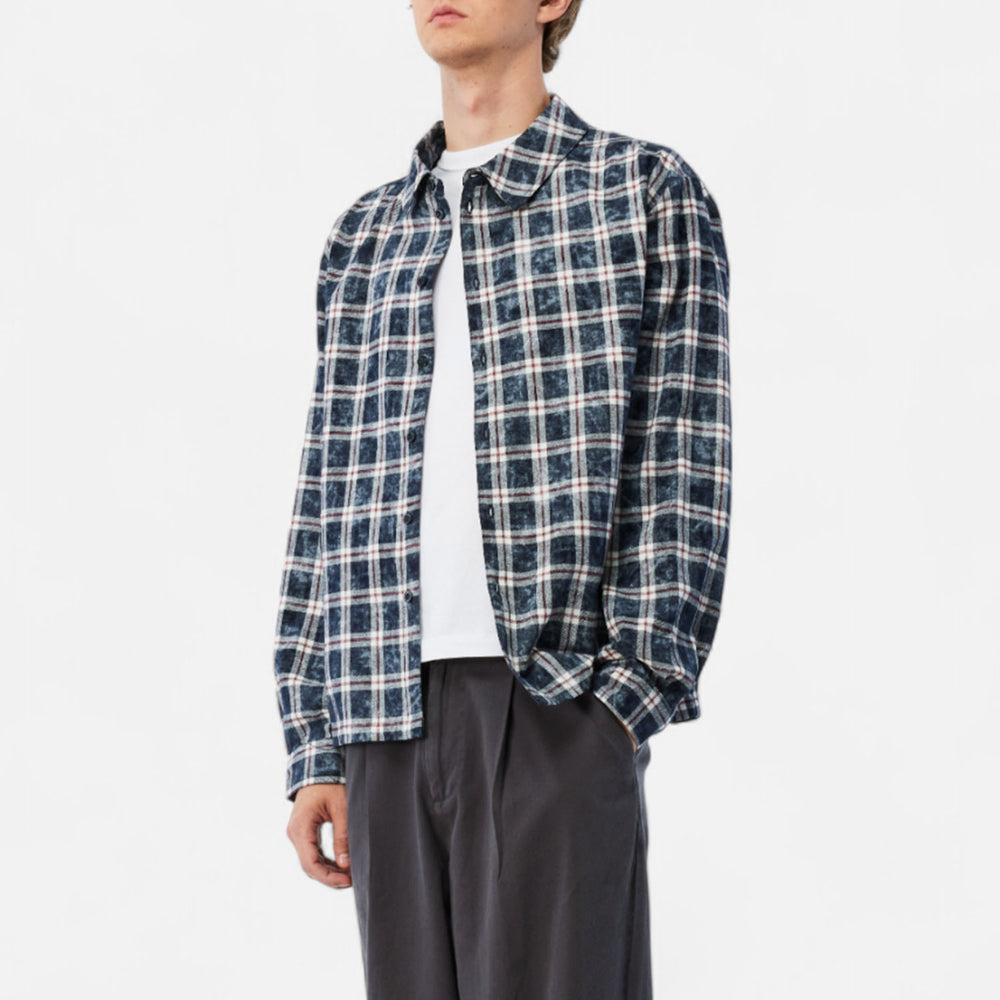 Dime MTL - Plaid Flannel Longsleeve Shirt - Bleached Navy