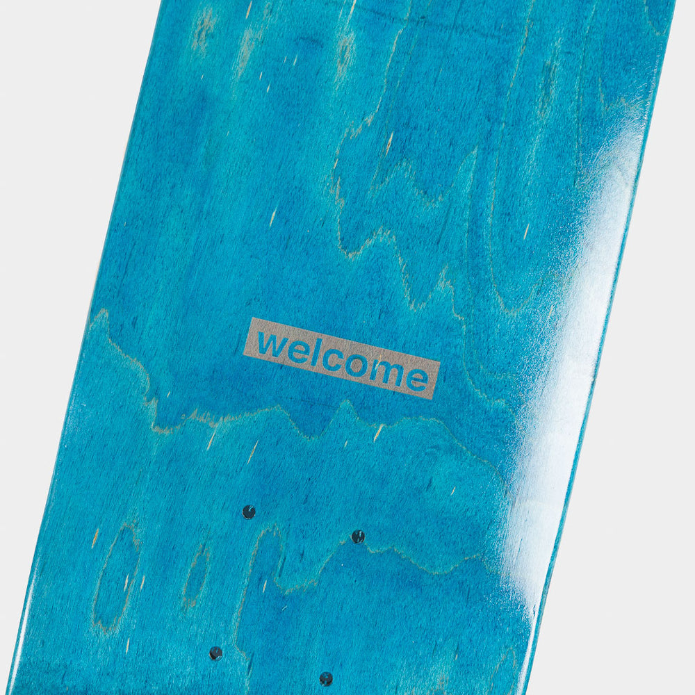 Welcome Skate Store 7.75” Laser Blue Skateboard Deck Close Up