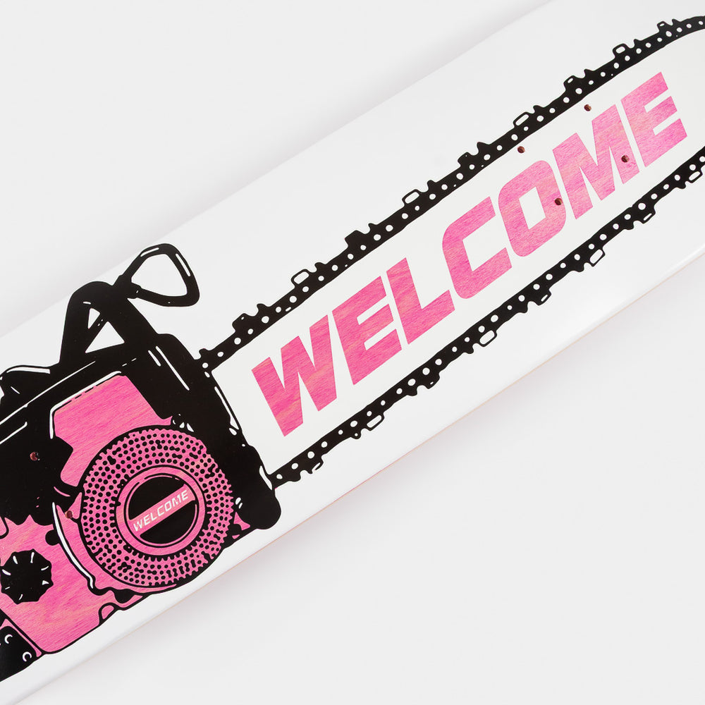 Welcome Skate Store 8.0" Chainsaw White And PinK Skateboard Deck Close Up