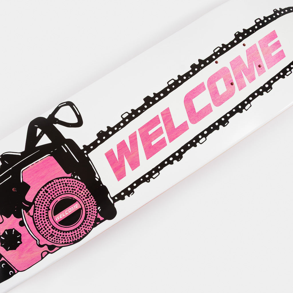 Welcome Skate Store 8.0" Chainsaw White And PinK Skateboard Deck Close Up