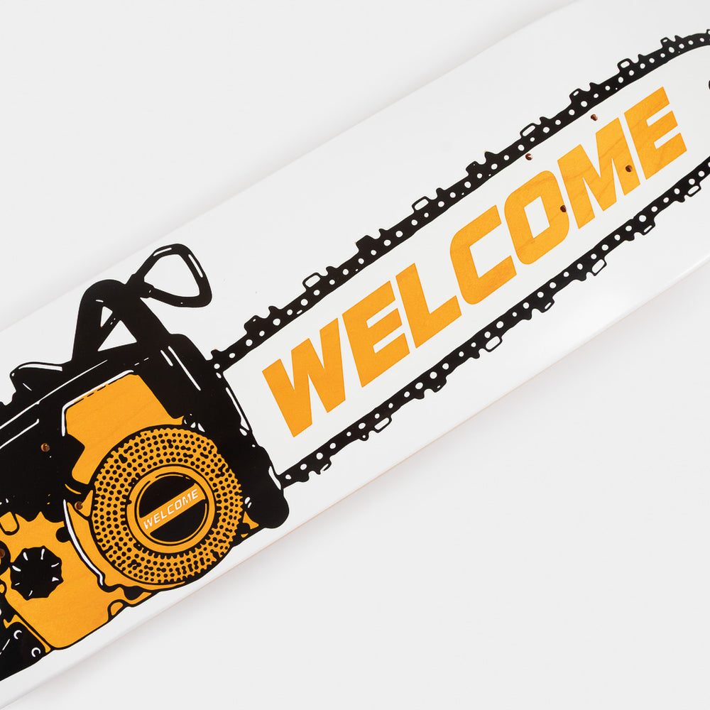 Welcome Skate Store 8.125" Chainsaw White And Orange Skateboard Deck Close Up
