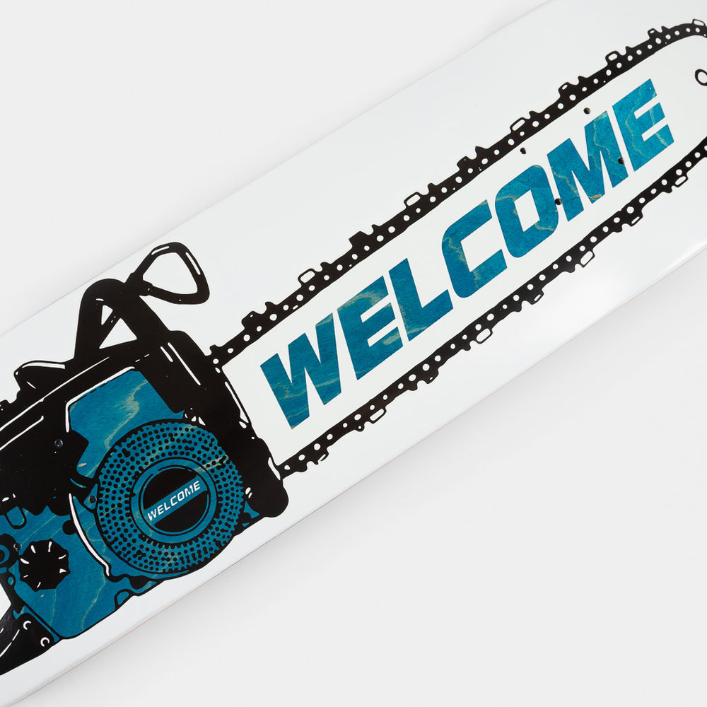 Welcome Skate Store 8.25" Chainsaw White And Blue Skateboard Deck Close Up