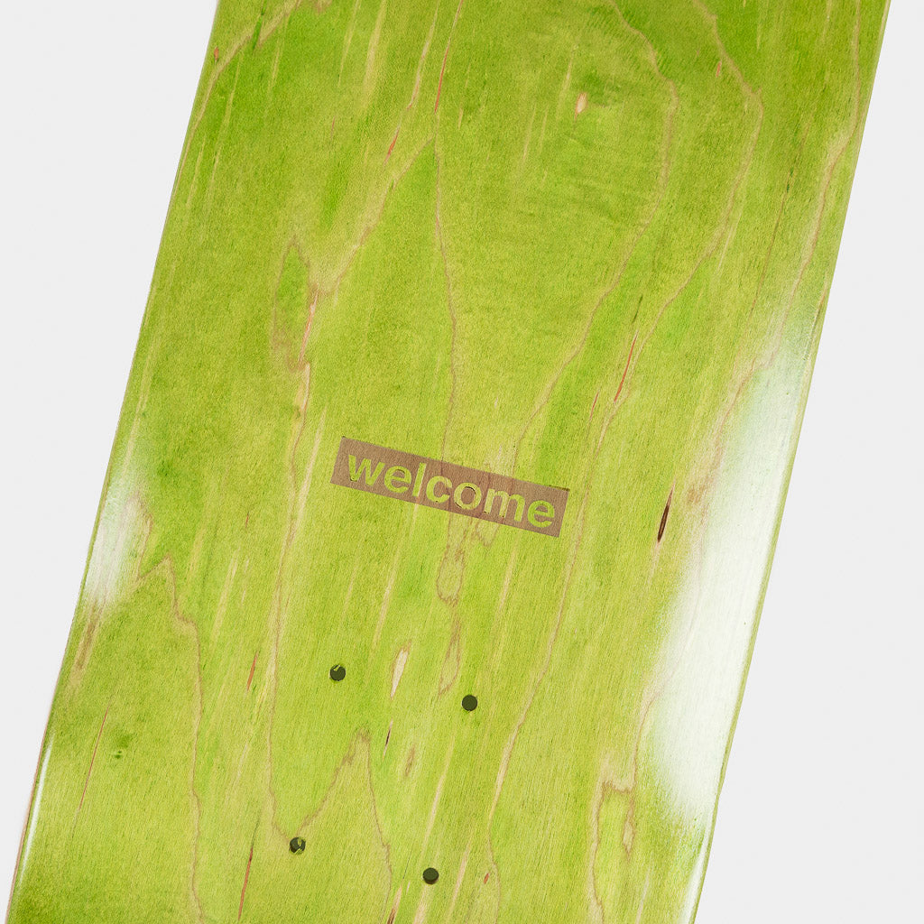 Welcome Skate Store 8.375” Laser Green Skateboard Deck Close Up