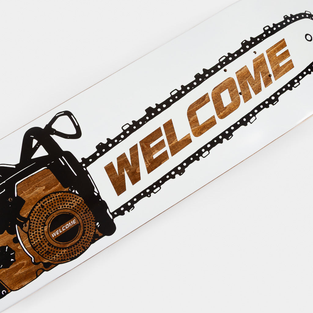 Welcome Skate Store 8.5" Chainsaw White And Brown Skateboard Deck Close Up
