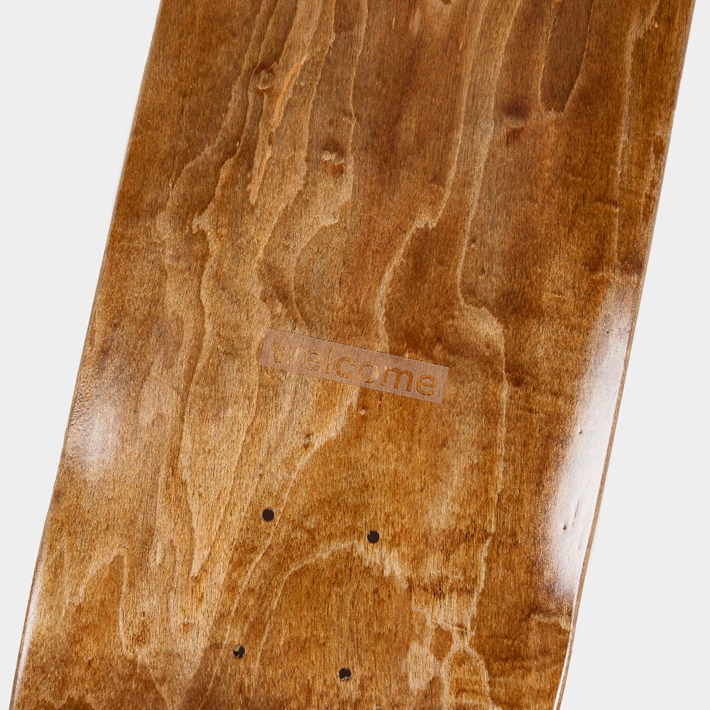 Welcome Skate Store 8.5” Laser Brown Skateboard Deck Close Up