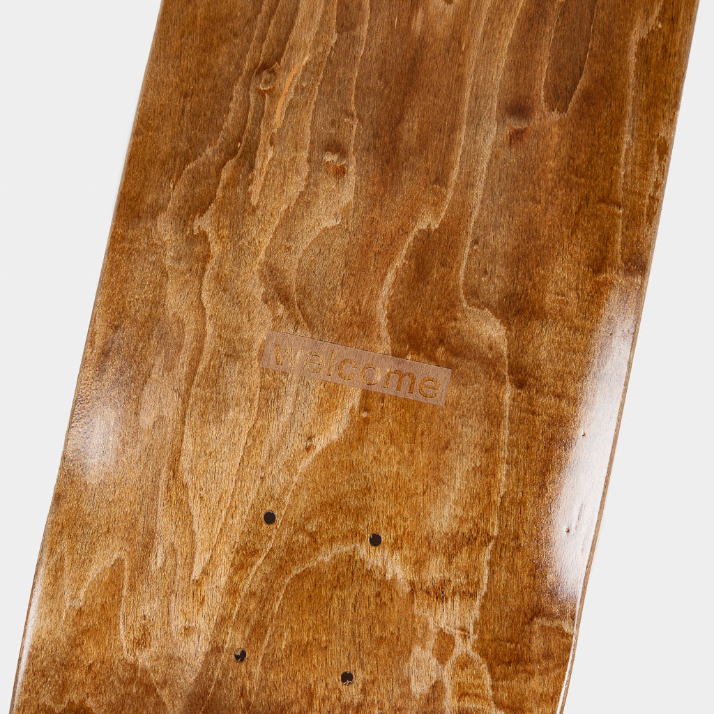 Welcome Skate Store 8.5” Laser Brown Skateboard Deck Close Up