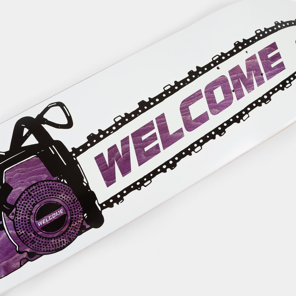 Welcome Skate Store 8.625" Chainsaw White And Purple Skateboard Deck Close Up