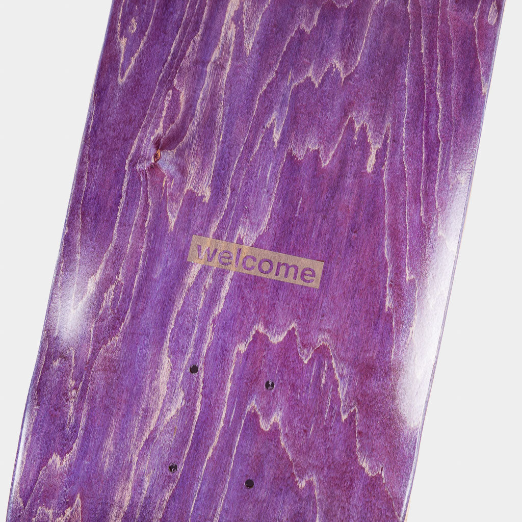Welcome Skate Store 8.625” Laser Purple Skateboard Deck Close Up