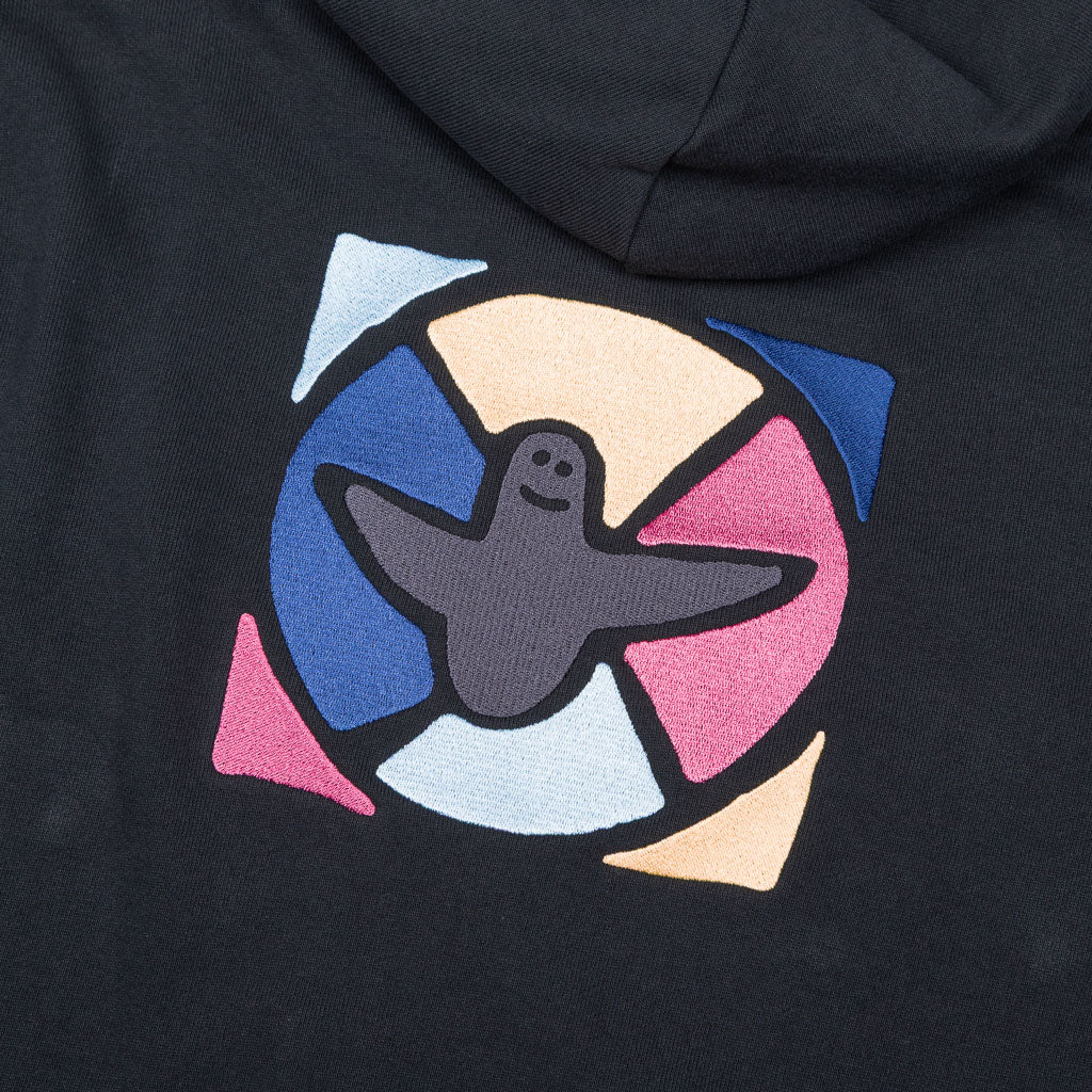 Shmoo embroidery on back of Mark Gonzales Graphic Zip Hood