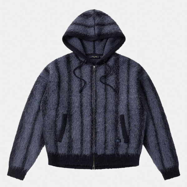 Dime MTL - Mohair Striped Zip Hooded Knitted Sweater - Blue