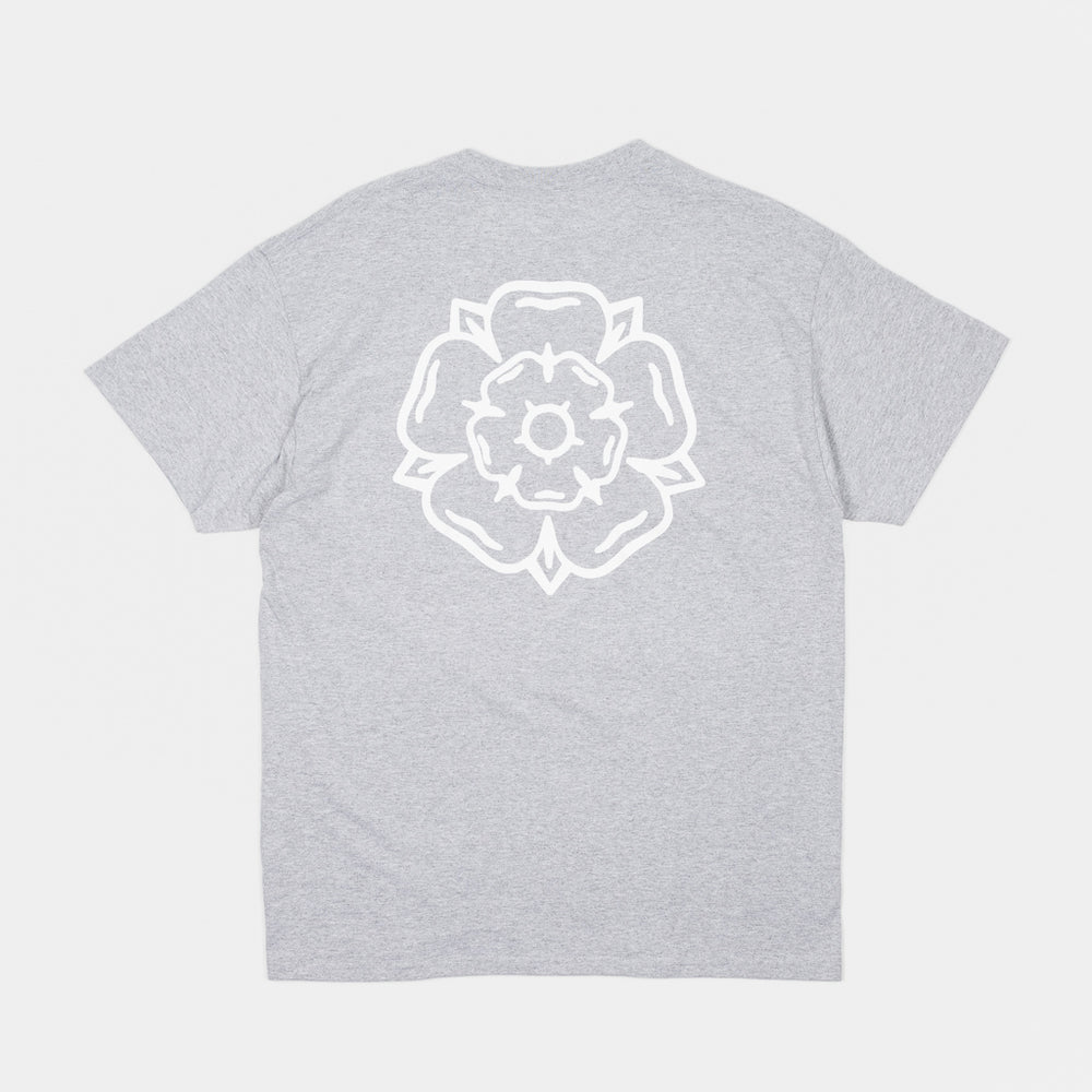 The Back Of A Heather Grey Don't Mess Yorkshire T-Shirt With White Yorkshire Rose Print