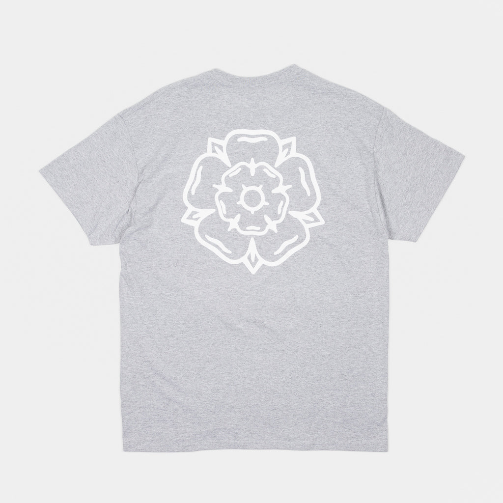 The Back Of A Heather Grey Don't Mess Yorkshire T-Shirt With White Yorkshire Rose Print