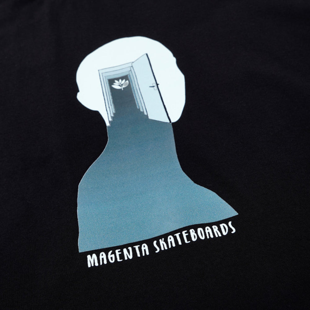 Magenta Skateboards Door Black T-Shirt  Front Print
