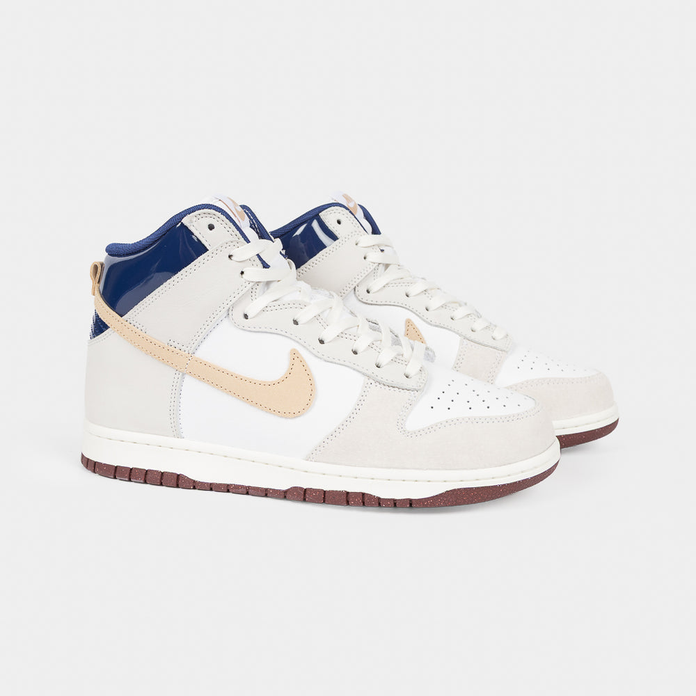 Nike SB White Suede and Leather Beyond Dunk High Pro Shoes with Blue Patent Leather Collar
