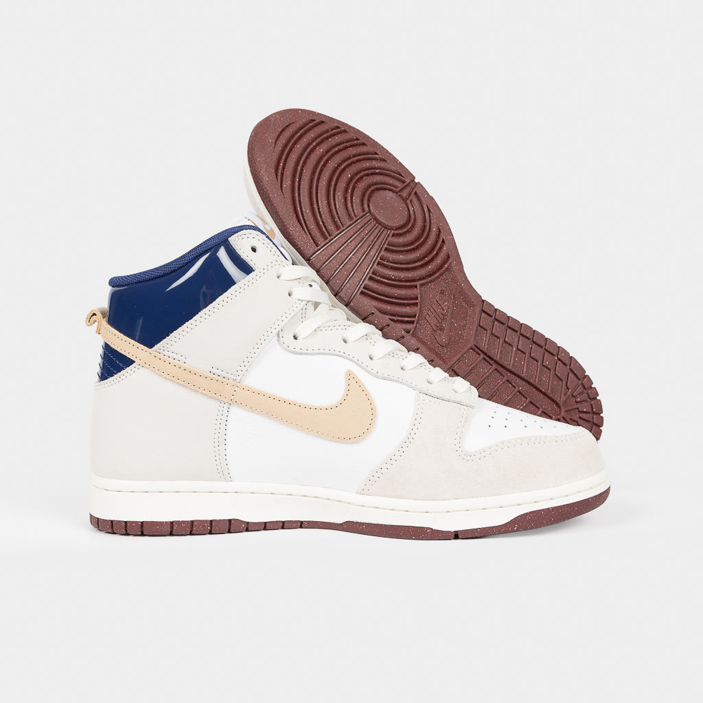 Nike SB White Suede and Leather Beyond Dunk High Pro Shoes with Blue Patent Leather Collar