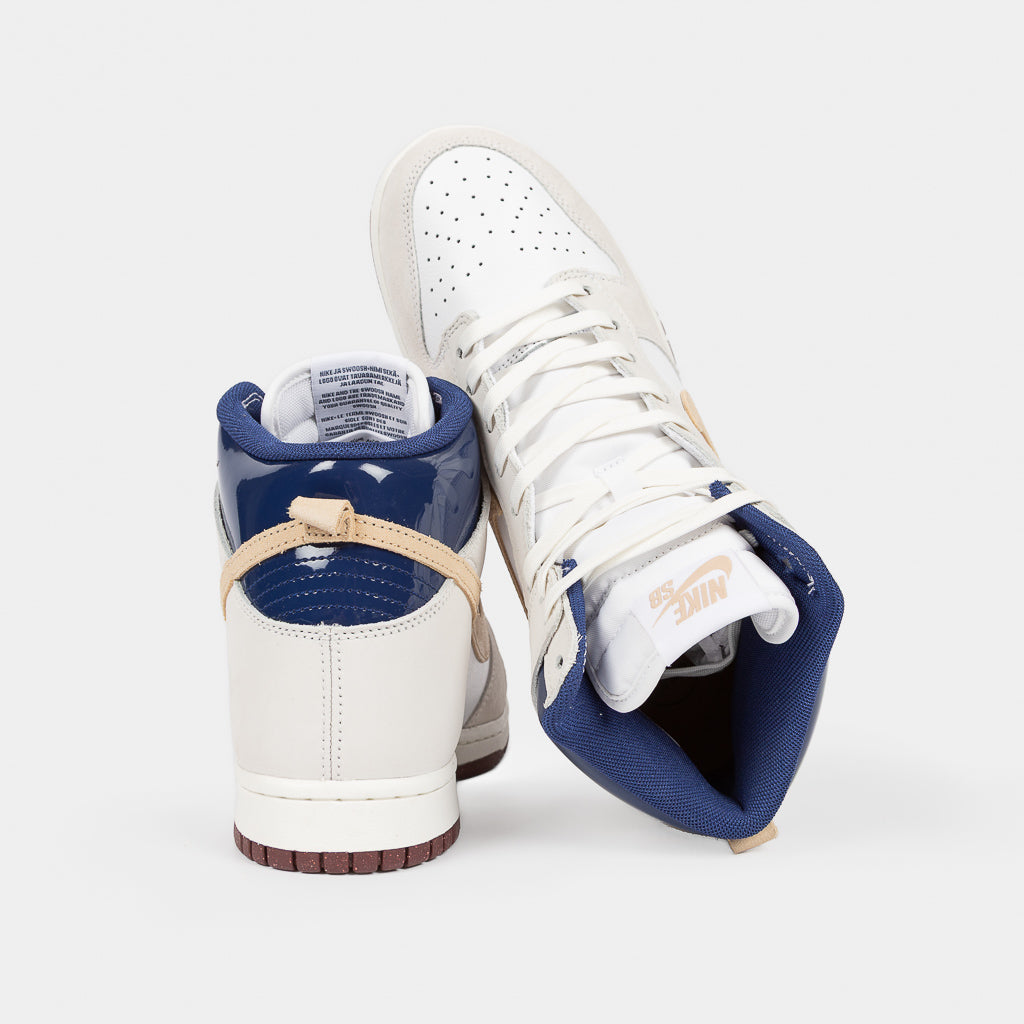 Nike SB White Suede and Leather Beyond Dunk High Pro Shoes with Blue Patent Leather Collar