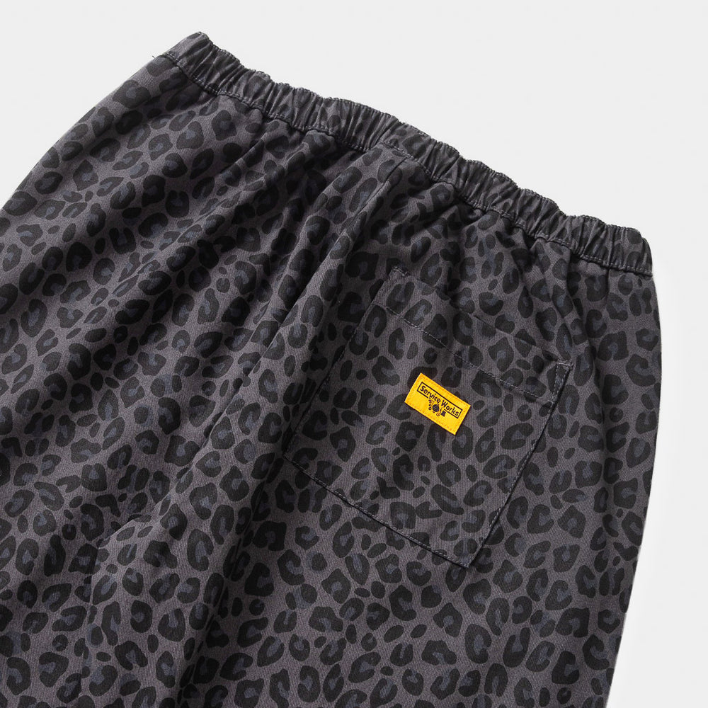 Back Pocket Of Loose Fitting Black Leopard Print Service Works Easy Chef Pants With An Elasticated Waist
