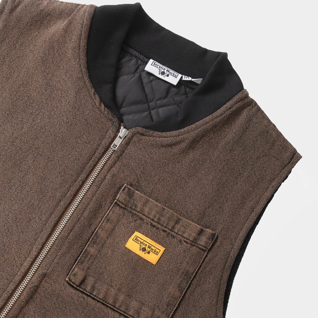 Close Up Of Service Works Brown Umber Over Dyed Denim Work Vest