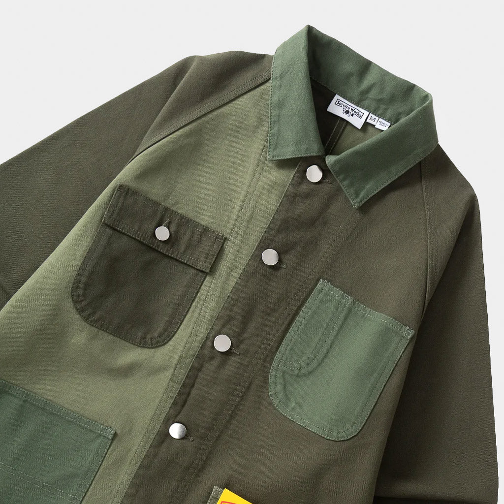 Front Pockets Of Service Works Green Patchwork Canvas Coverall Jacket