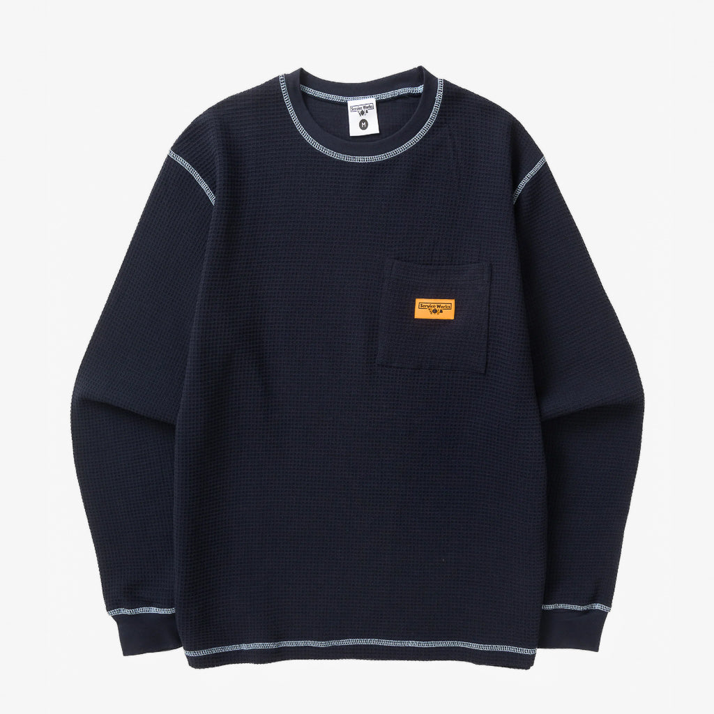 Service Works Navy And Blue Waffle Contrast Thermal Long Sleeve T-Shirt
