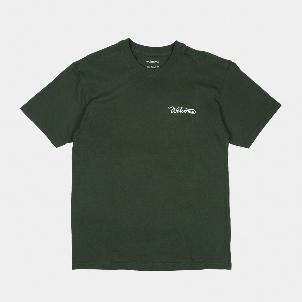 Front Of Welcome Skate Store Sun Forest Green T-Shirt