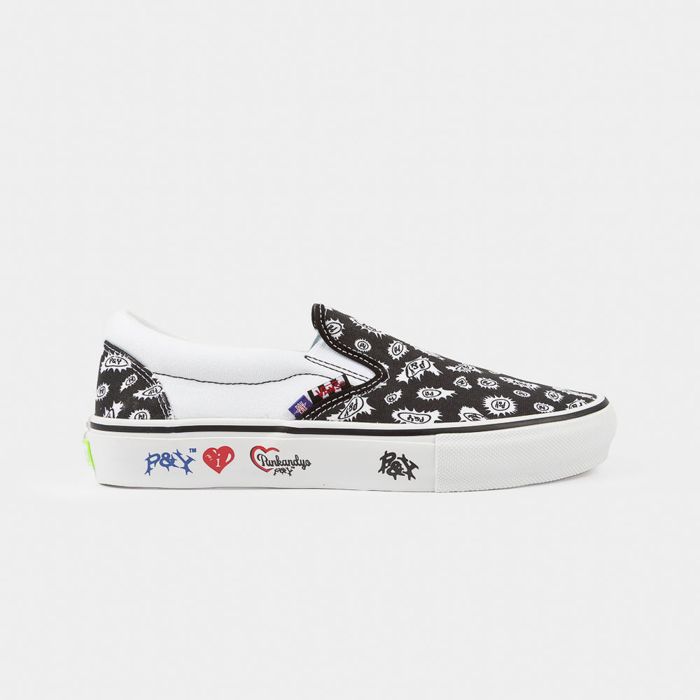 White And Black Vans Punk & Yo Skate Slip-On Shoes