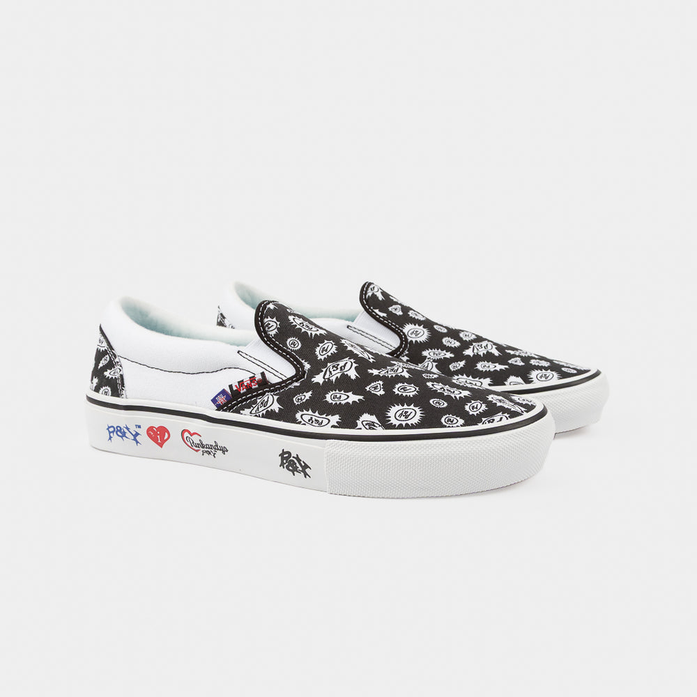 White And Black Vans Punk & Yo Skate Slip-On Shoes