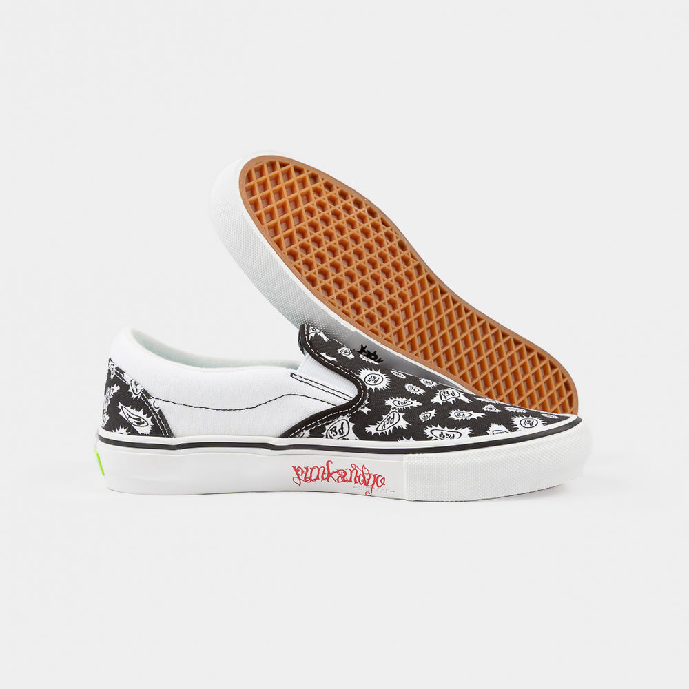 White And Black Vans Punk & Yo Skate Slip-On Shoes