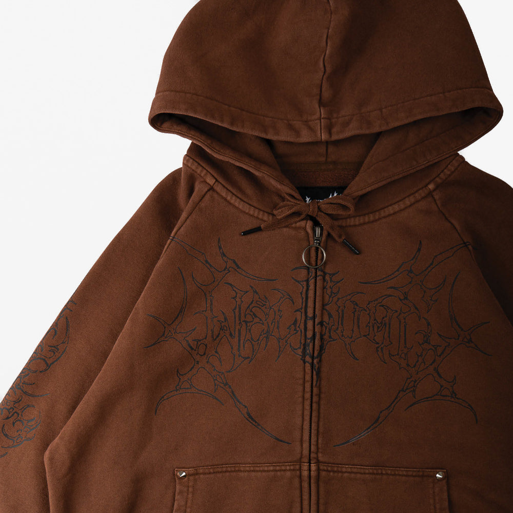 Close Up of Welcome Skateboards Grapple Cropped Brown Zip Up Hooded Sweatshirt 