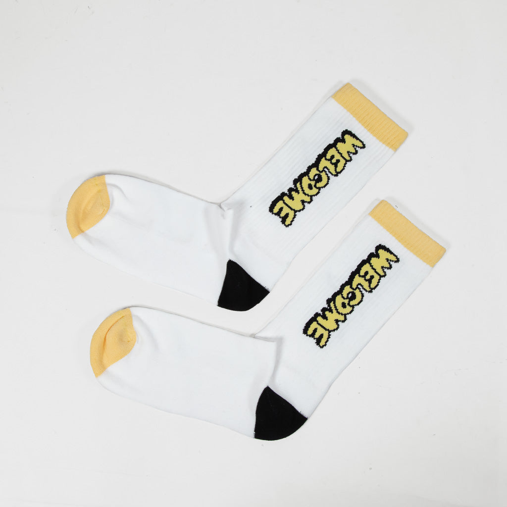 Welcome Skate Store White And Yellow Bubble Logo Socks