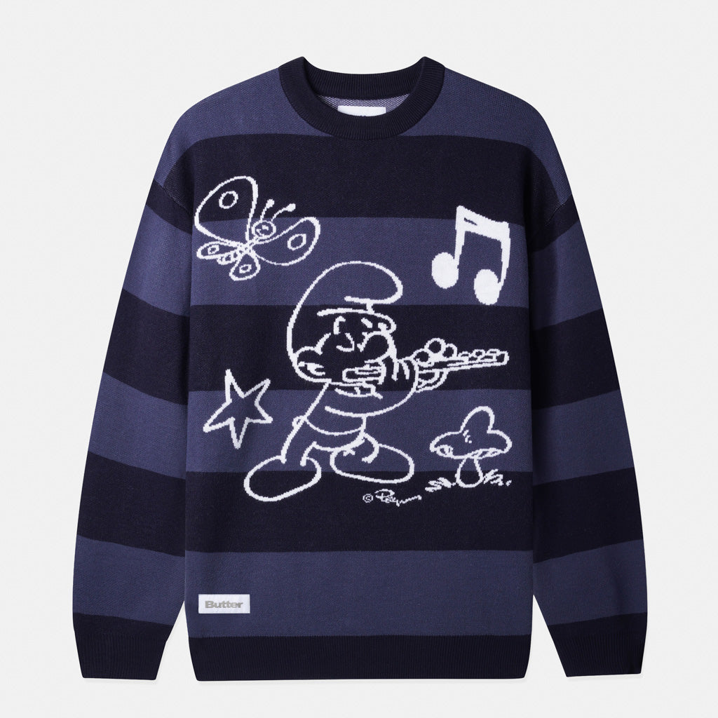 Butter Good The Smurfs Flute Knitted Navy And Black Stripe Jumper