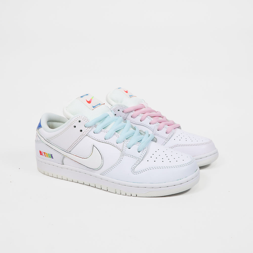 Nike SB 'Be True' White And Rainbow Dunk Low Pro Shoes