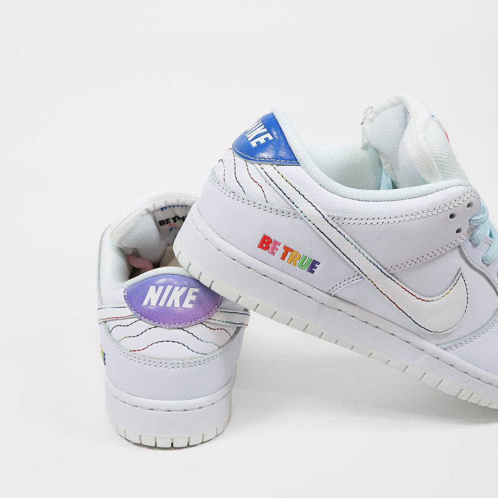 Nike SB 'Be True' White And Rainbow Dunk Low Pro Shoes