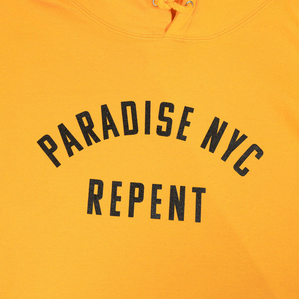 Paradise NYC Repent Gold Yellow Pullover Hooded Sweatshirt Front Print