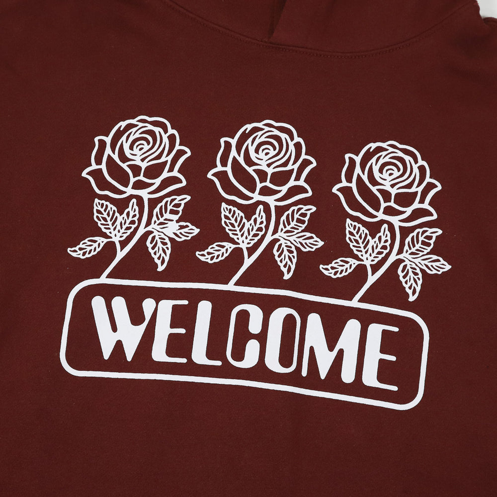 Welcome Skate Store Roses Burgundy Pullover Hooded Sweatshirt Front Print