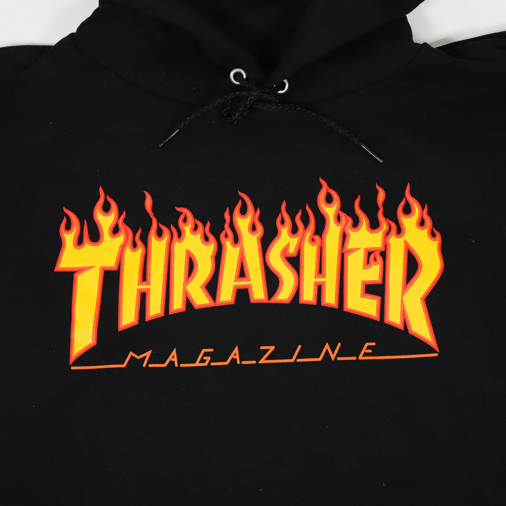 Thrasher Magazine Flame Logo Black Pullover Hooded Sweatshirt Front Print