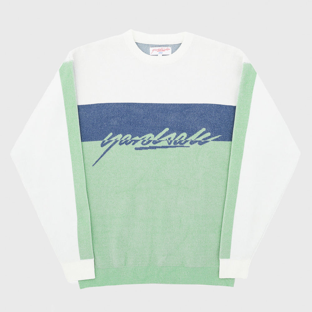 Yardsale White Green And Blue Chenille Script Knitted Jumper